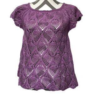 Handmade Crochet Pineapple Stitch Sweater Women Lavender Retro Open Knit Small